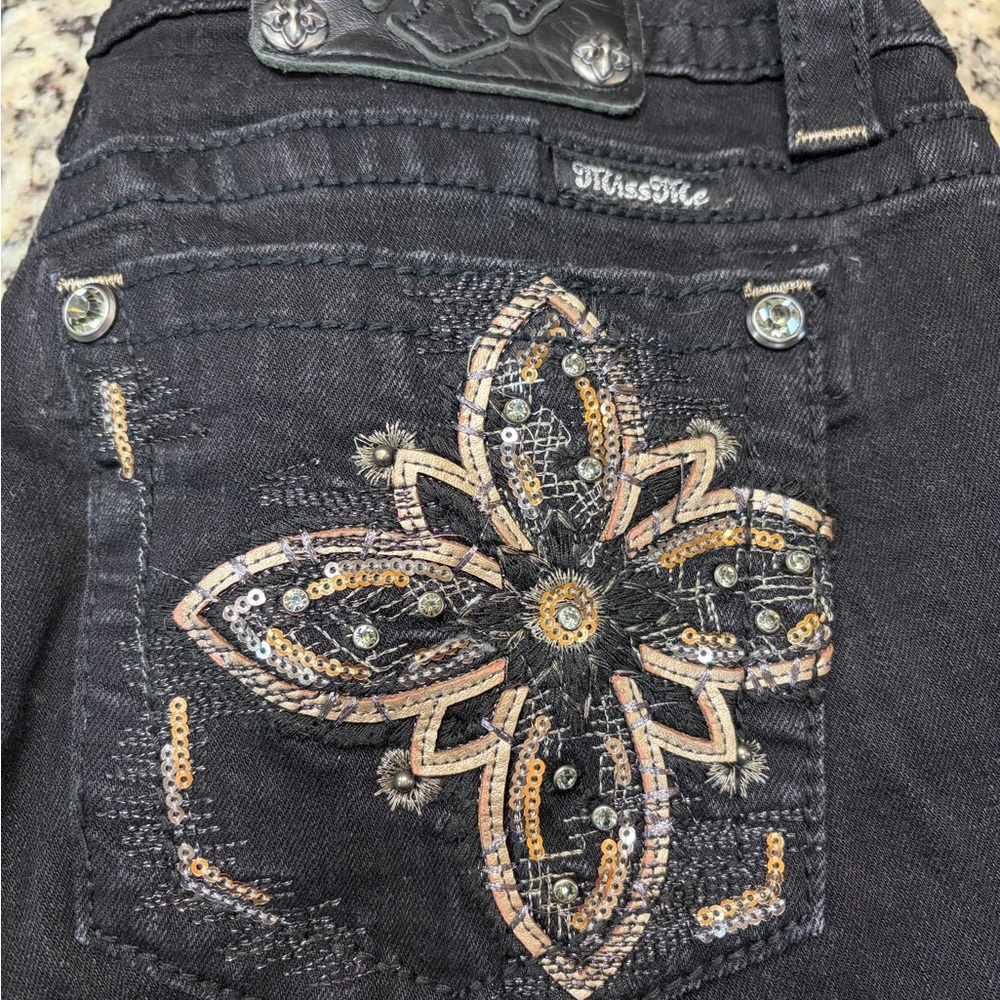 Miss Me Black Signature Skinny Jeans with Silver and Gold Embellished Pockets - Picture 2 of 10